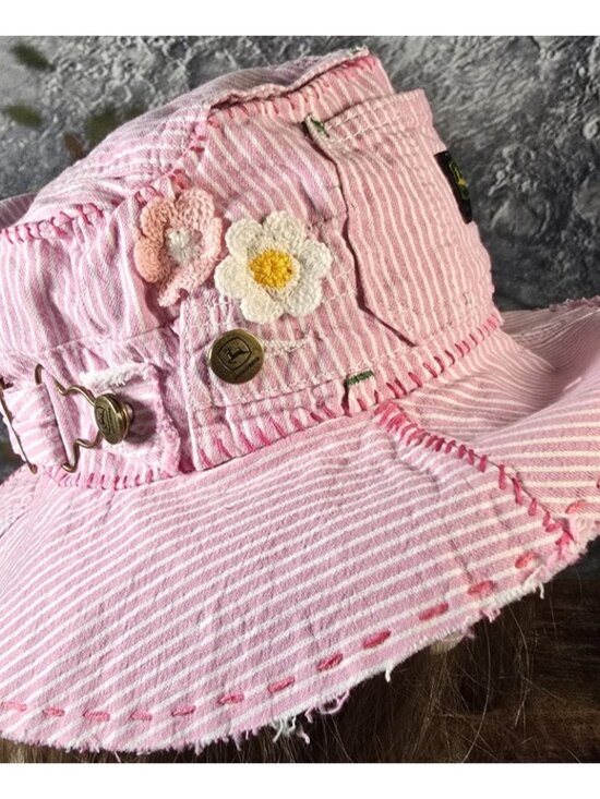 OOAK Handmade Boho Indie Pink John Deere Upcycle Bucket Hat Adjustable M 22\
